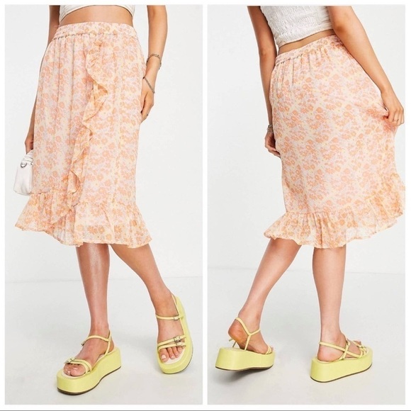 ASOS Ruffle Wrap Skirt In Orange Disty Floral - Picture 1 of 4